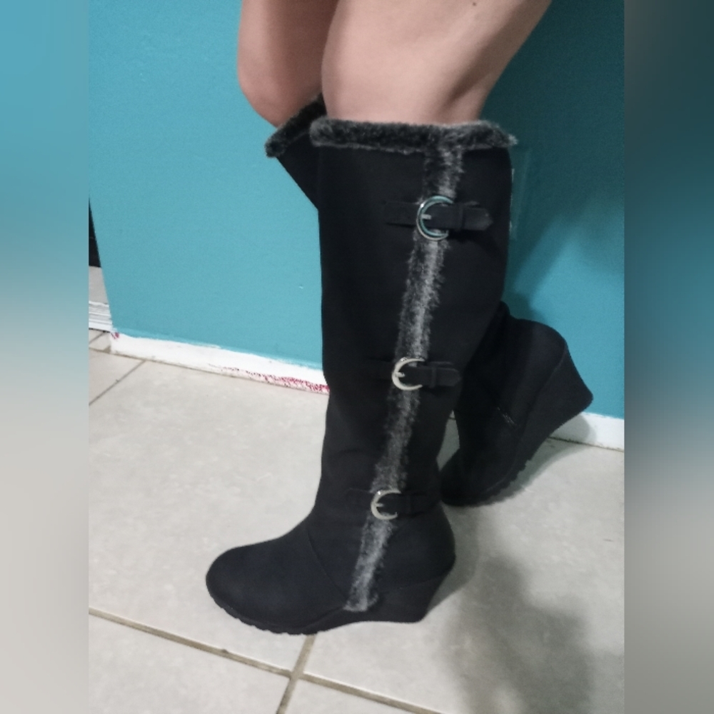 Black Wedge Wide Calf Knee High Boots 9
